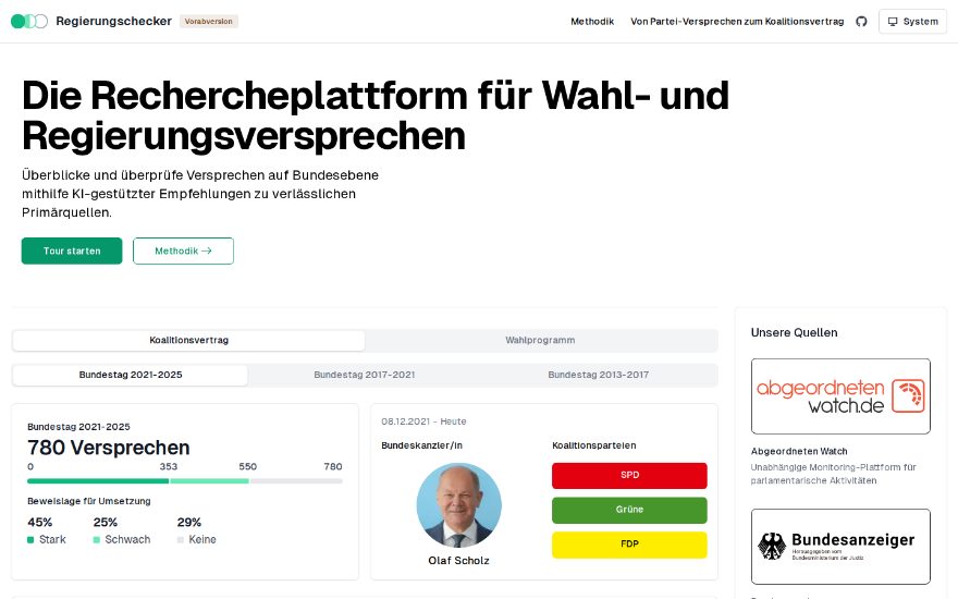 Startseite des Regierungscheckers mit 780 Versprechen des Bundestags 2021–2025